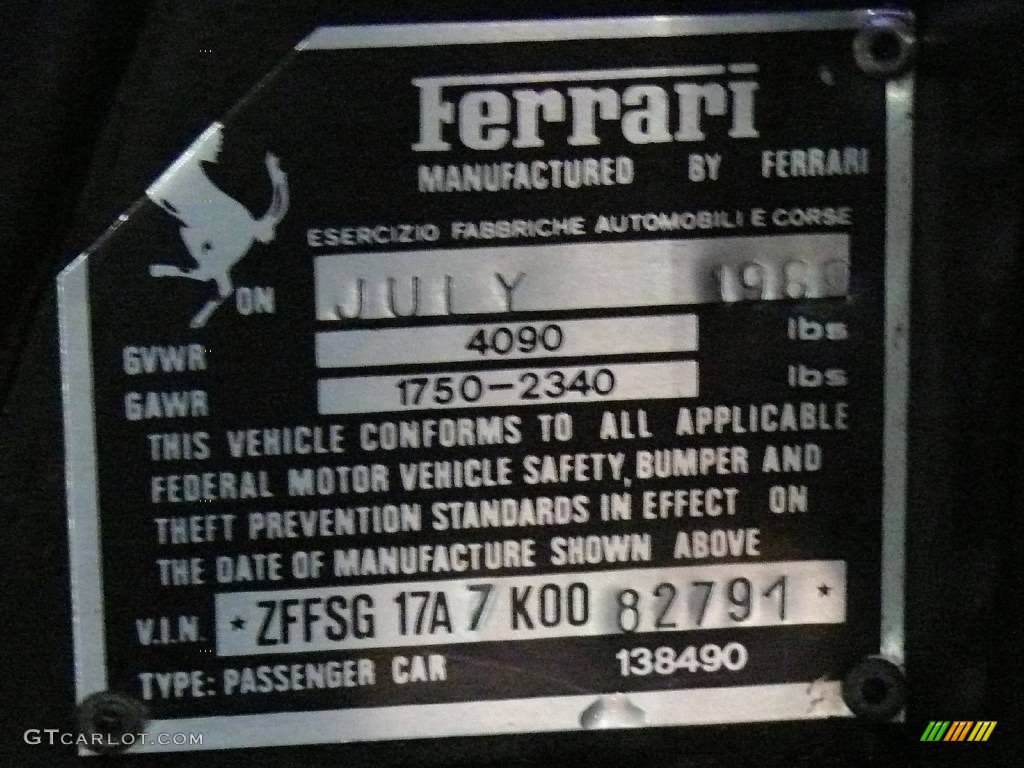 1989 Ferrari Testarossa Standard Testarossa Model Info Tag Photos