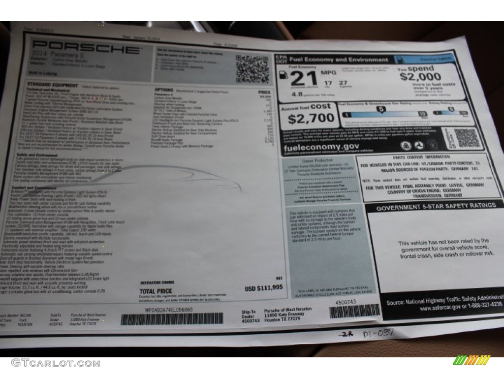 2014 Porsche Panamera S Window Sticker Photo #90700960