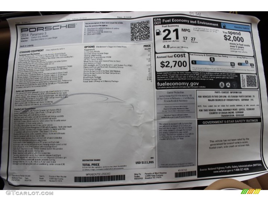 2014 Porsche Panamera S Window Sticker Photo #90702022