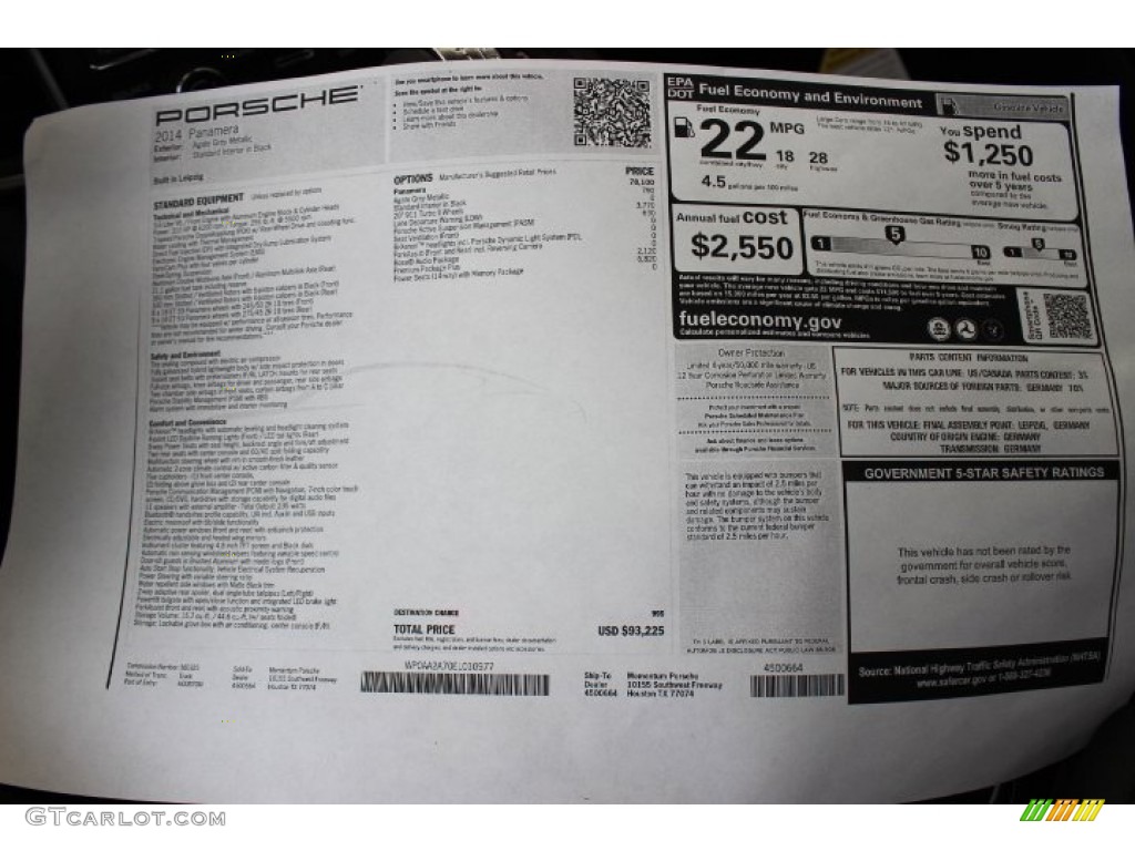 2014 Porsche Panamera Standard Panamera Model Window Sticker Photo #90703177