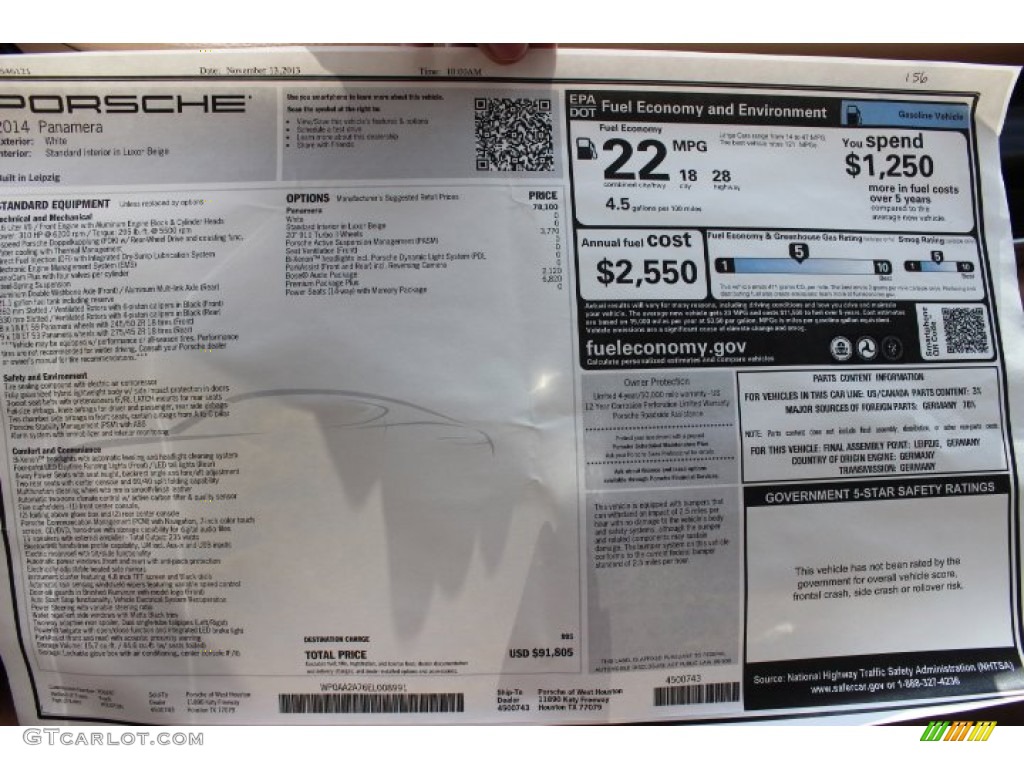 2014 Porsche Panamera Standard Panamera Model Window Sticker Photo #90704166