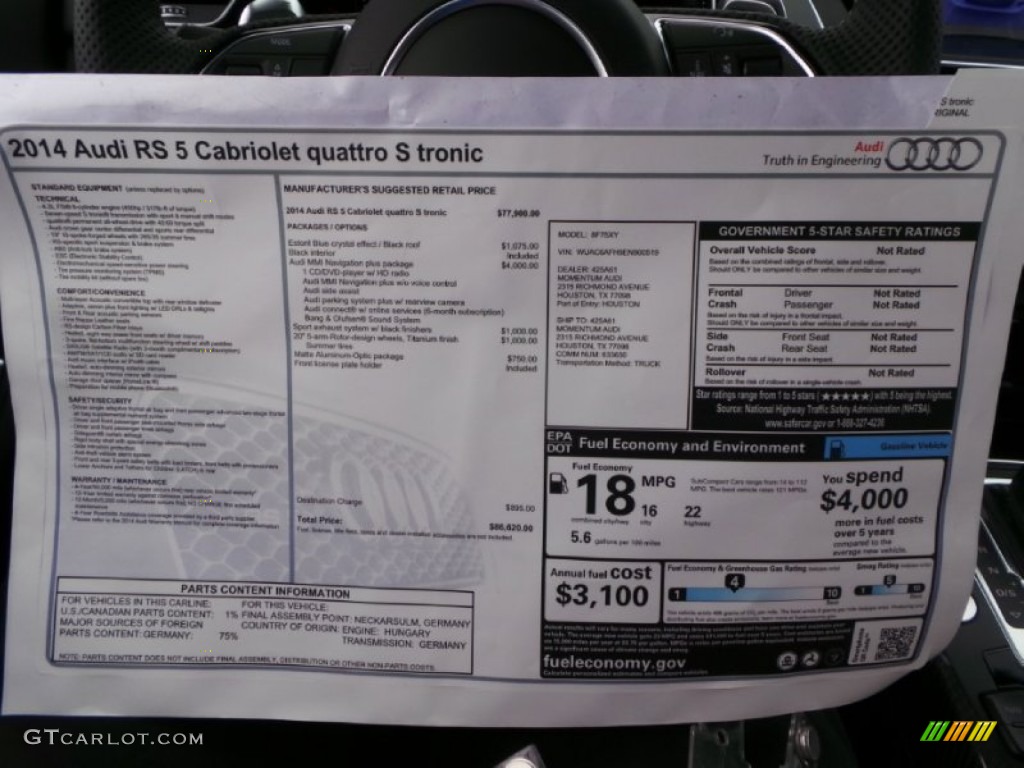 2014 Audi RS 5 Cabriolet quattro Window Sticker Photo #90760719