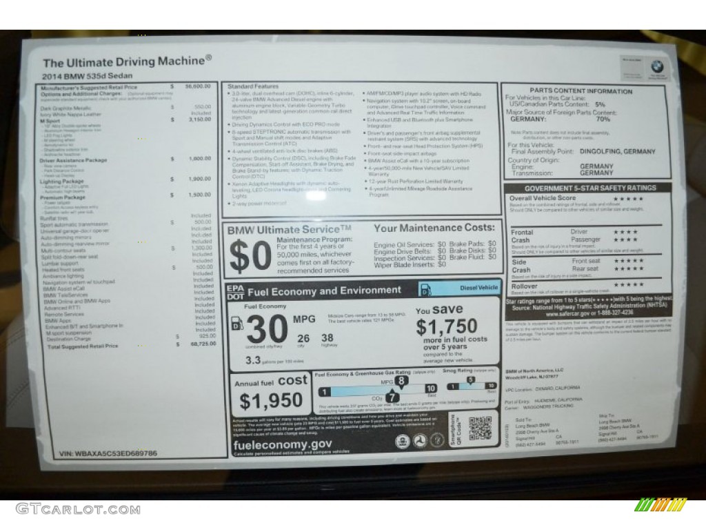 2014 BMW 5 Series 535d Sedan Window Sticker Photo #90777003