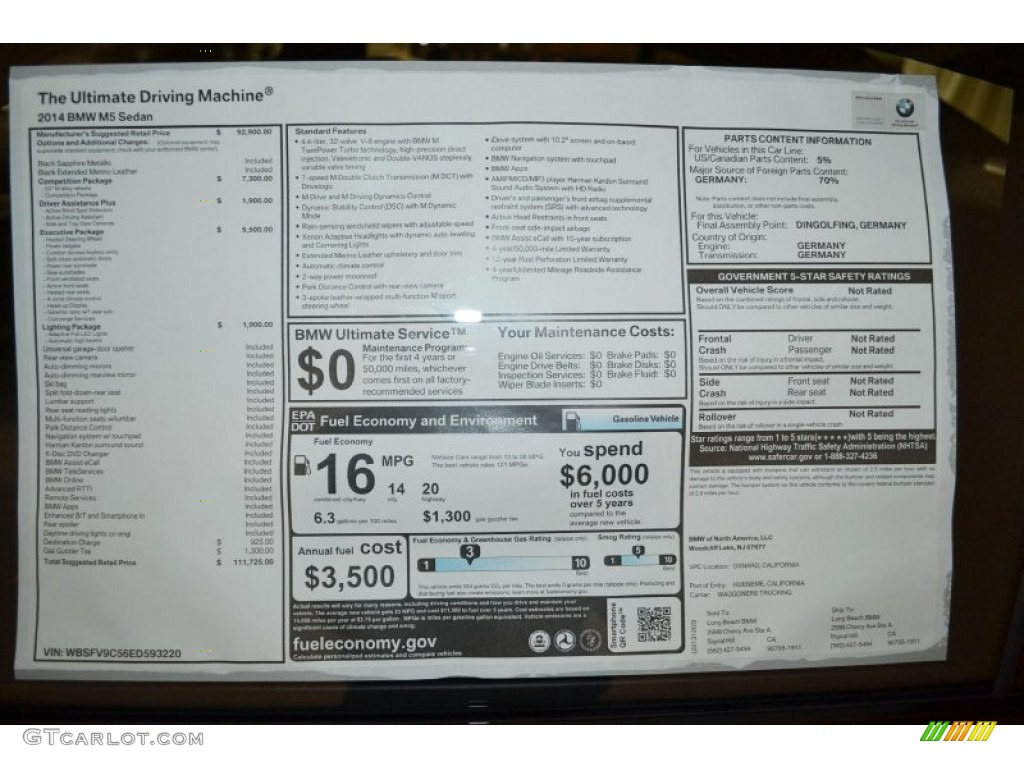 2014 BMW M5 Sedan Window Sticker Photo #90777156