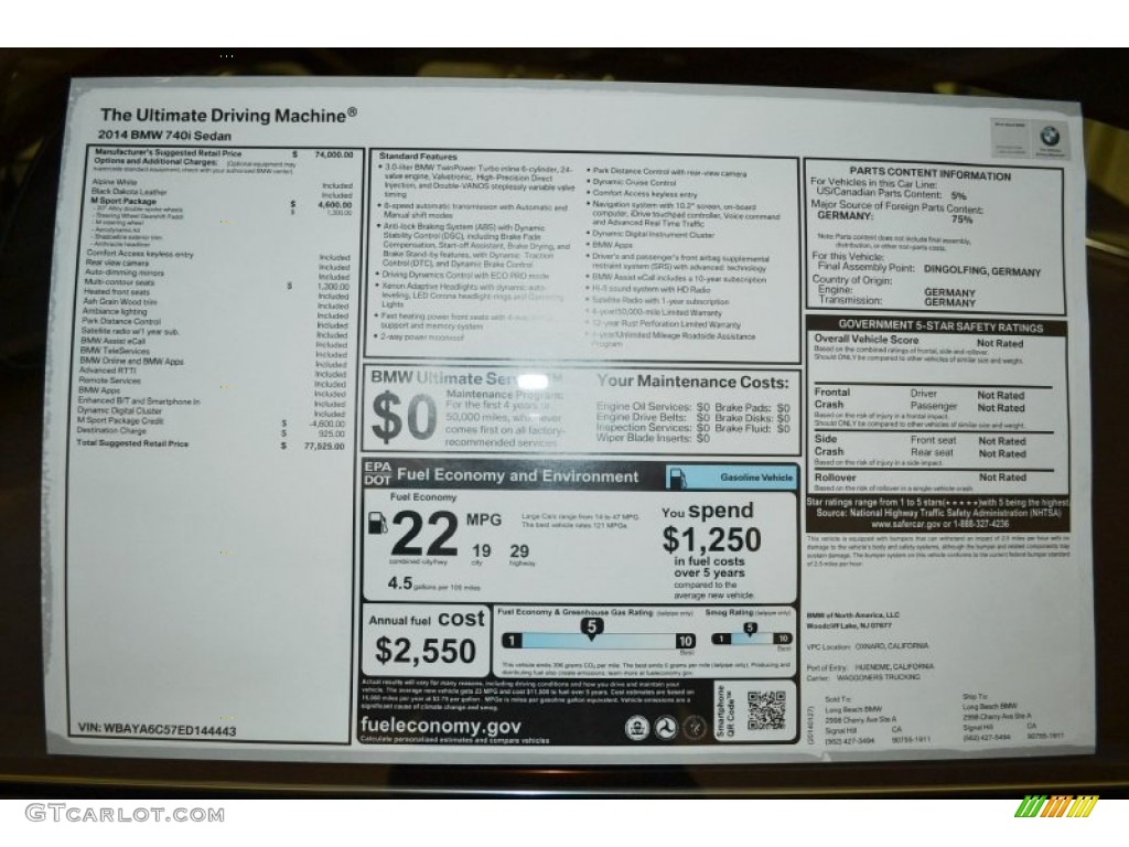 2014 BMW 7 Series 740i Sedan Window Sticker Photo #90777687