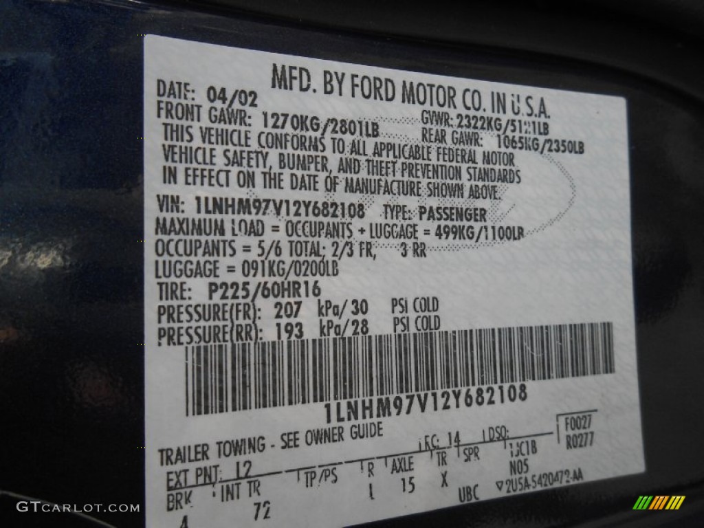2002 Lincoln Continental Standard Continental Model Color Code Photos