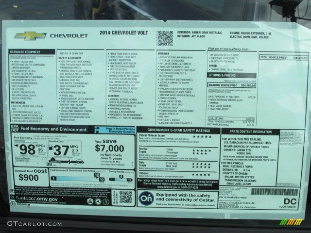 2014 Chevrolet Volt Standard Volt Model Window Sticker Photos