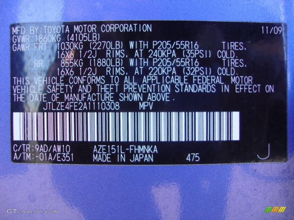 2010 Scion xB Release Series 7.0 Color Code Photos