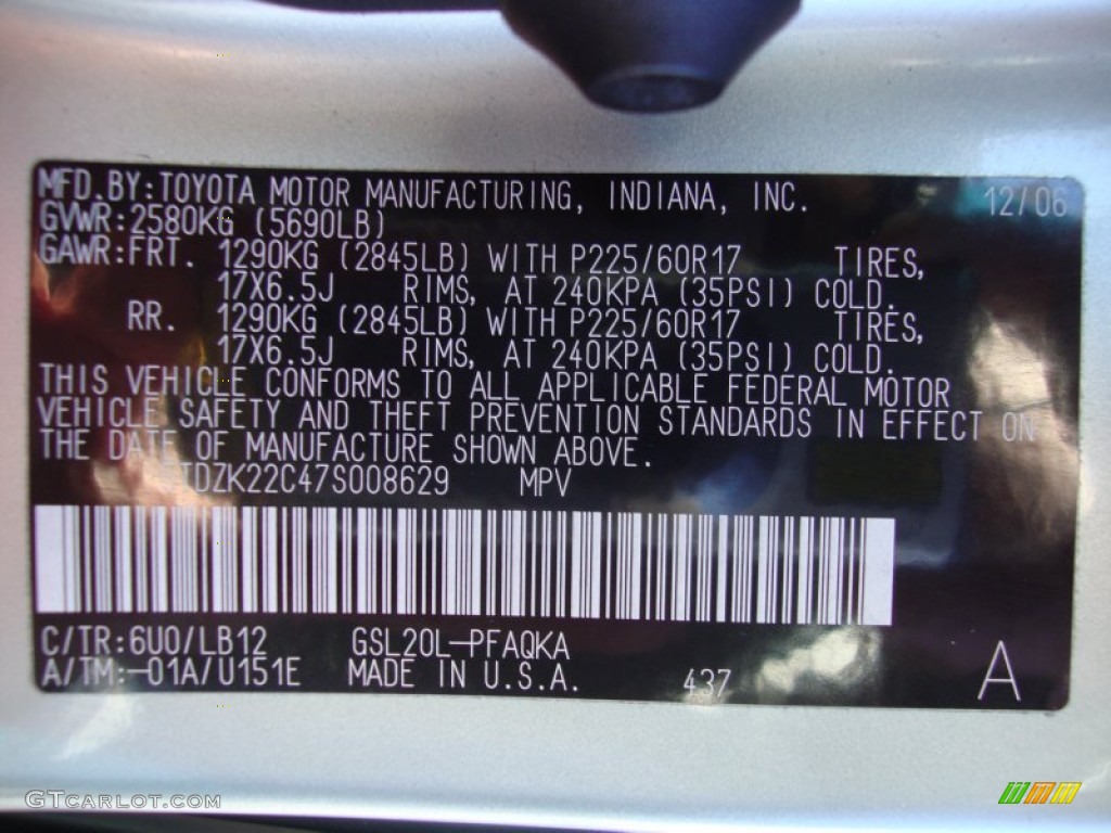 2007 Toyota Sienna XLE Limited Color Code Photos