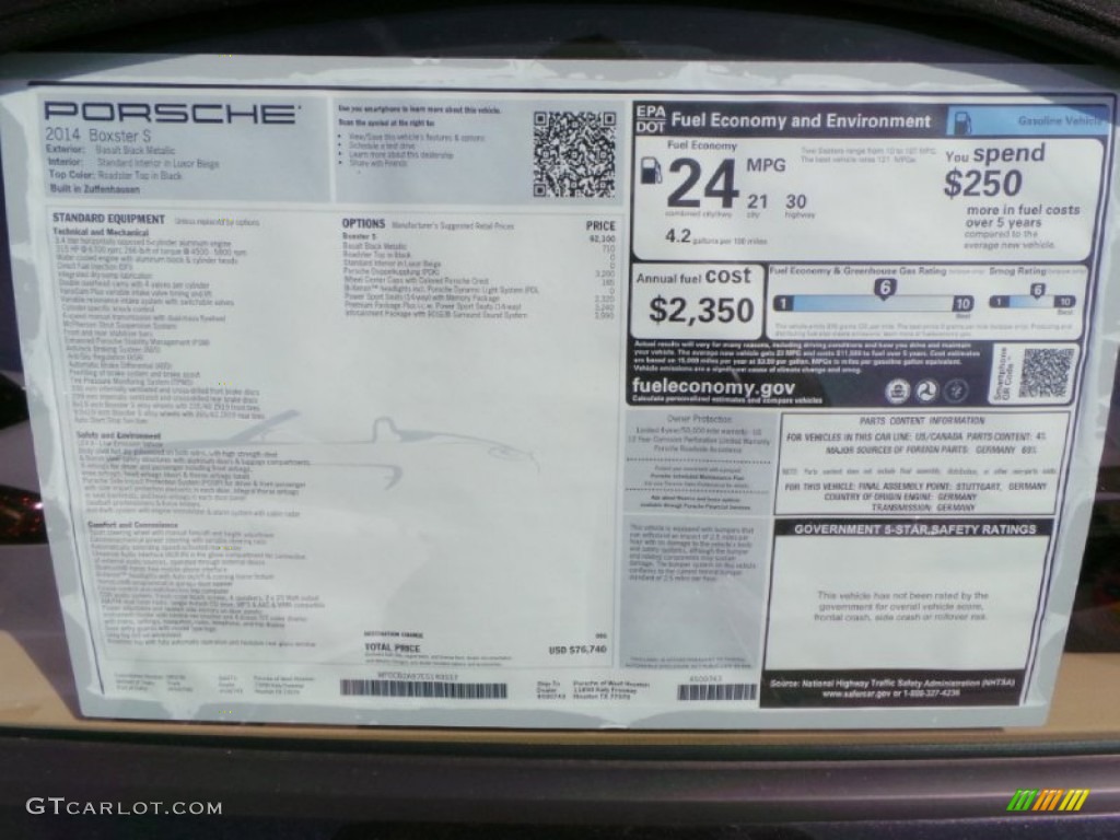 2014 Porsche Boxster S Window Sticker Photo #90837584