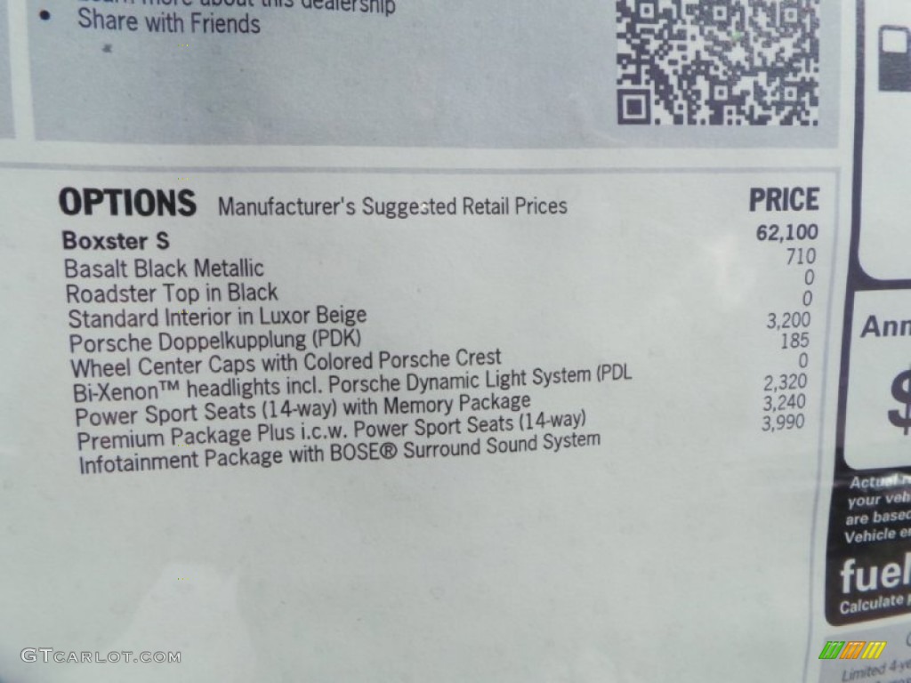 2014 Porsche Boxster S Window Sticker Photo #90837594