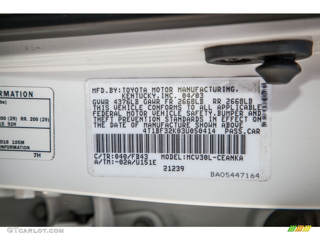 2003 Toyota Camry LE V6 Color Code Photos