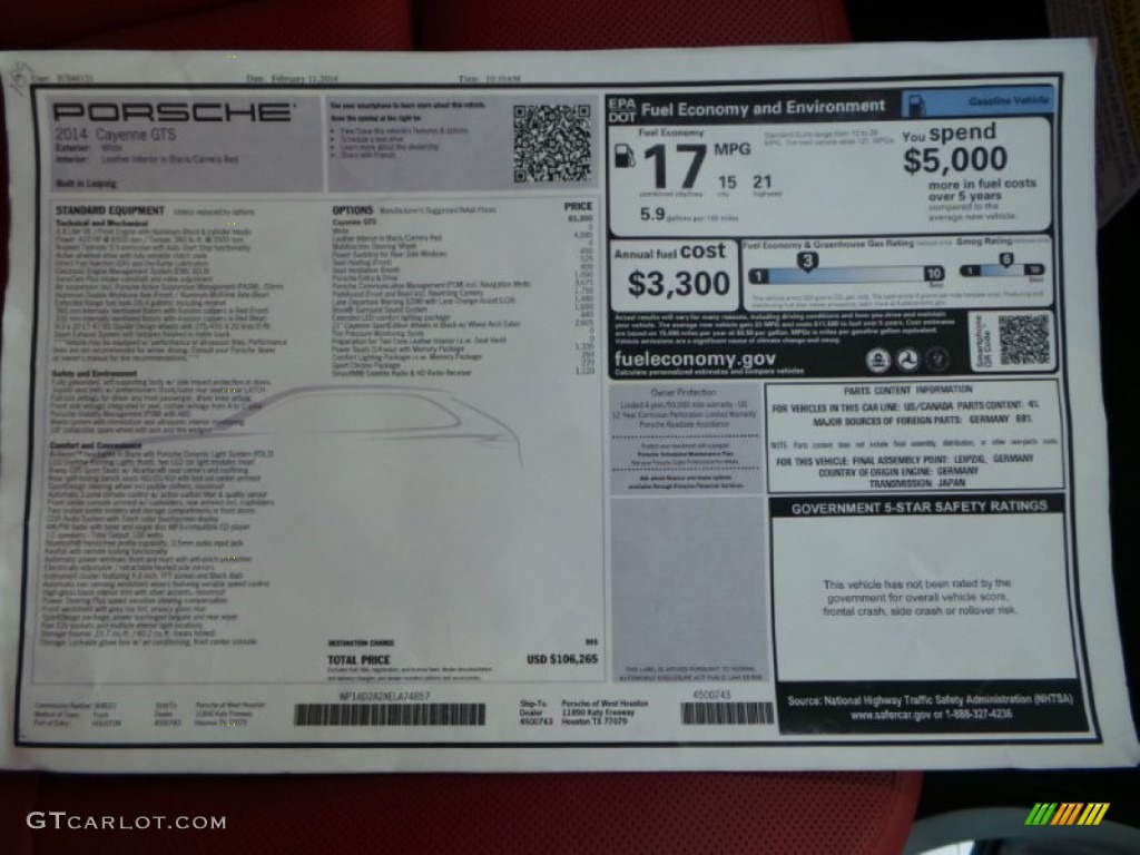 2014 Porsche Cayenne GTS Window Sticker Photo #90840580