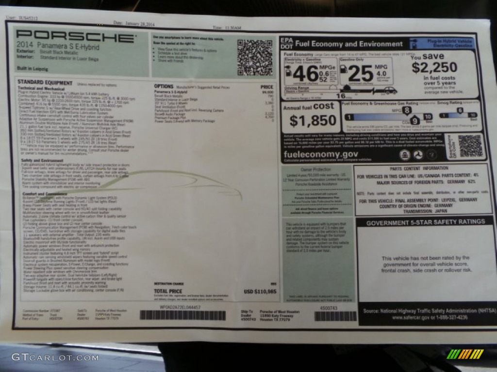 2014 Porsche Panamera S E-Hybrid Window Sticker Photo #90841267