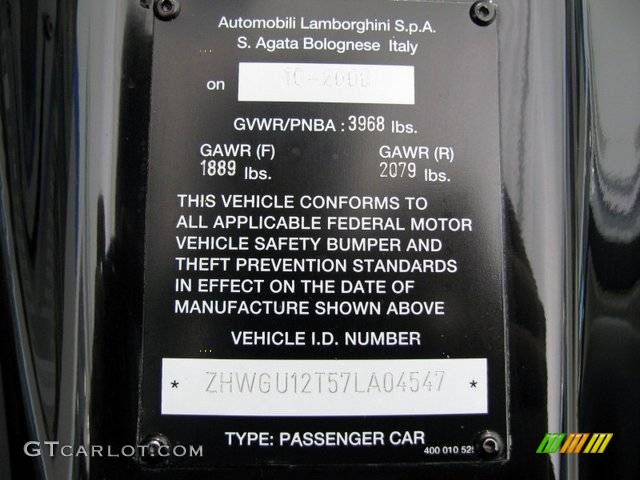 2007 Lamborghini Gallardo Nera E-Gear Info Tag Photos