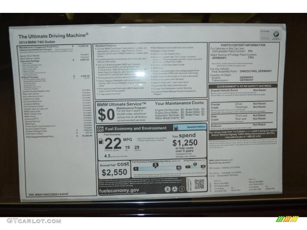 2014 BMW 7 Series 740i Sedan Window Sticker Photos
