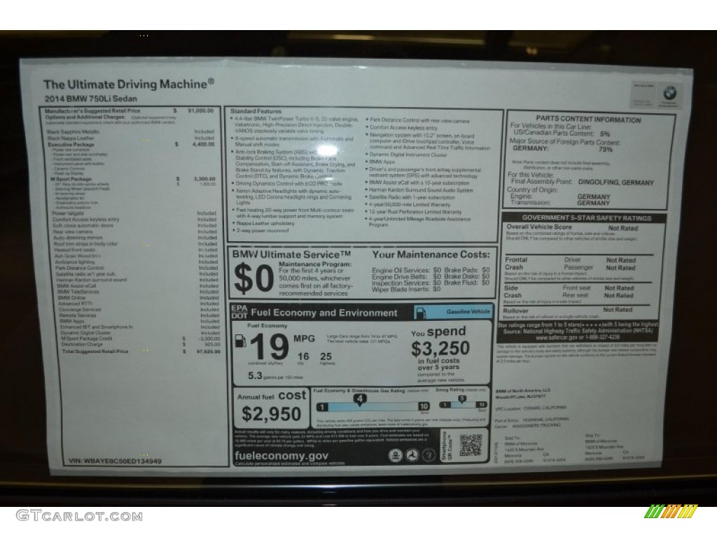 2014 BMW 7 Series 750Li Sedan Window Sticker Photo #90879653