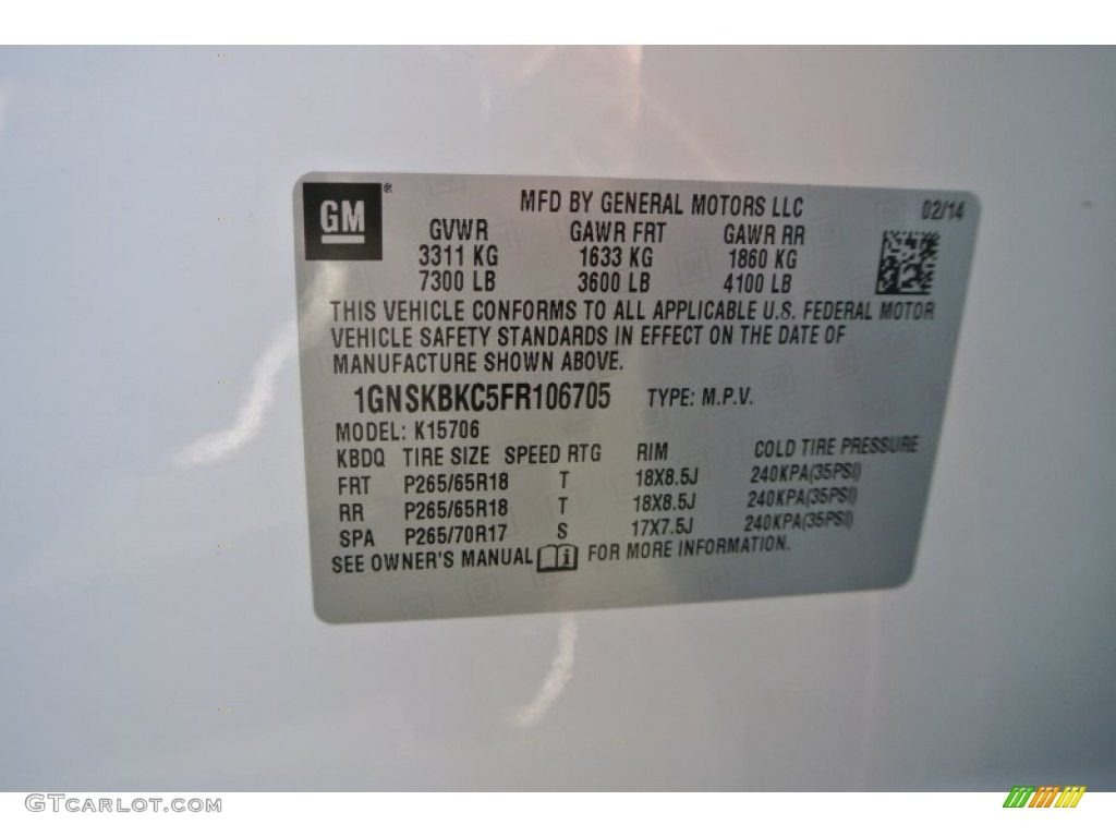 2015 Chevrolet Tahoe LT 4WD Info Tag Photo #90952019