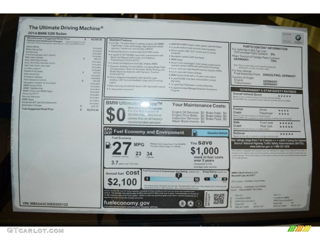 2014 BMW 5 Series 528i Sedan Window Sticker Photo #90986292