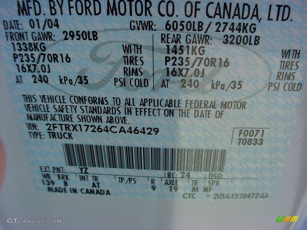 2004 F150 Color Code YZ for Oxford White Photo #909984