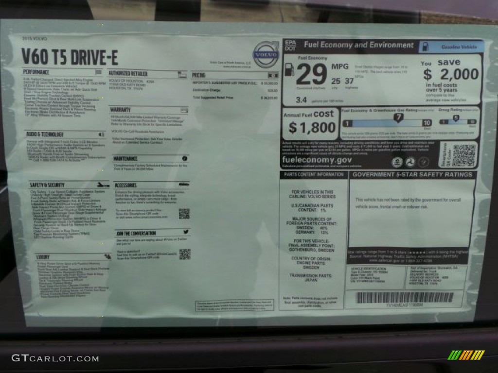 2015 Volvo V60 T5 Drive-E Window Sticker Photo #91003044
