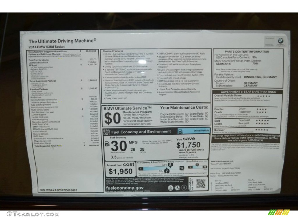 2014 BMW 5 Series 535d Sedan Window Sticker Photo #91034087