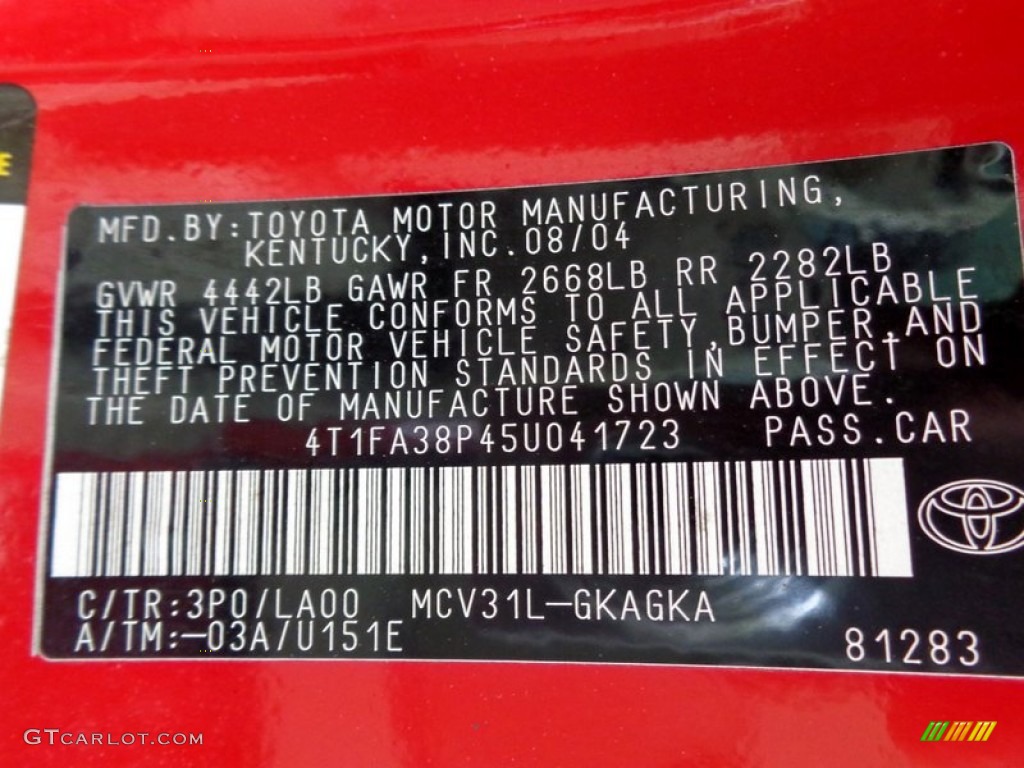 2005 Solara Color Code 3P0 for Absolutely Red Photo #91053495
