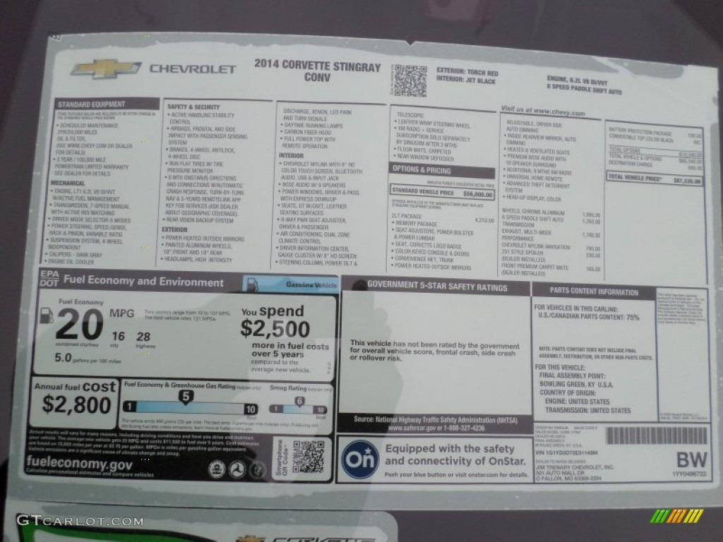 2014 Chevrolet Corvette Stingray Convertible Window Sticker Photo #91054779