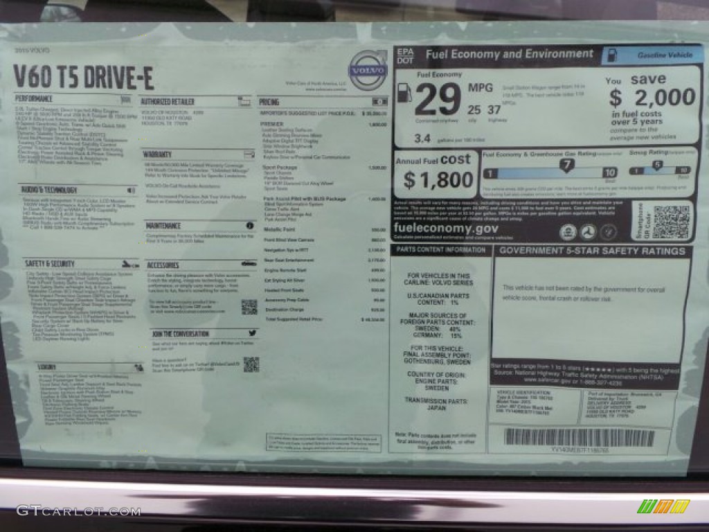 2015 Volvo V60 T5 Drive-E Window Sticker Photo #91064405