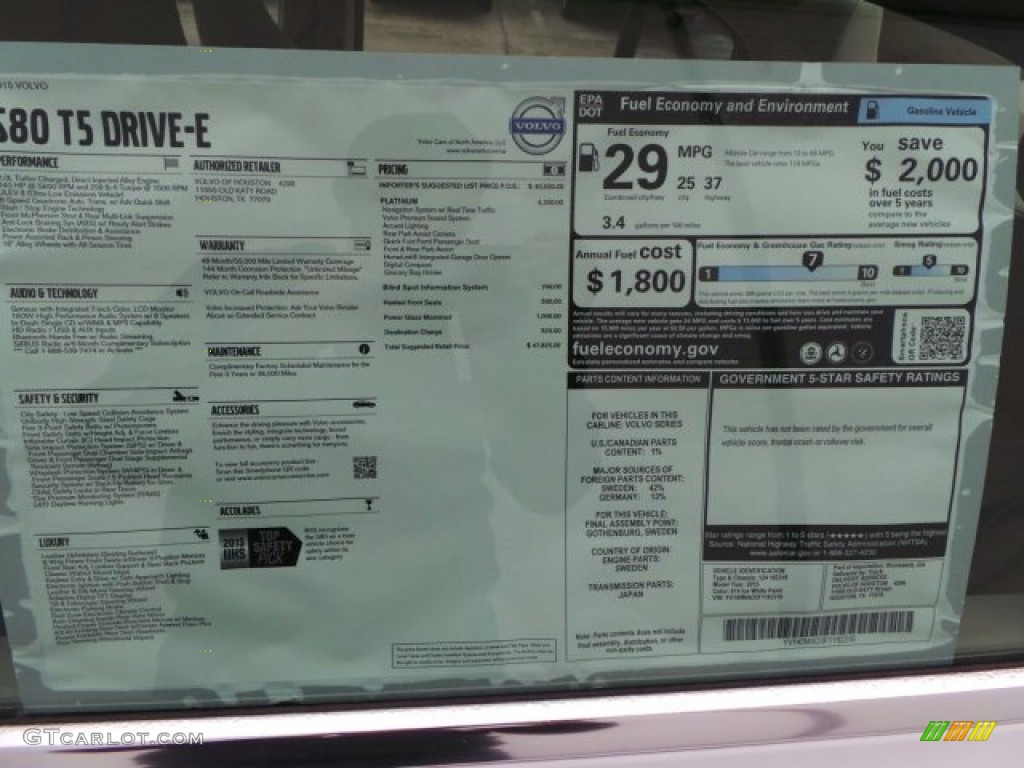 2015 Volvo S80 T5 Drive-E Window Sticker Photo #91065819