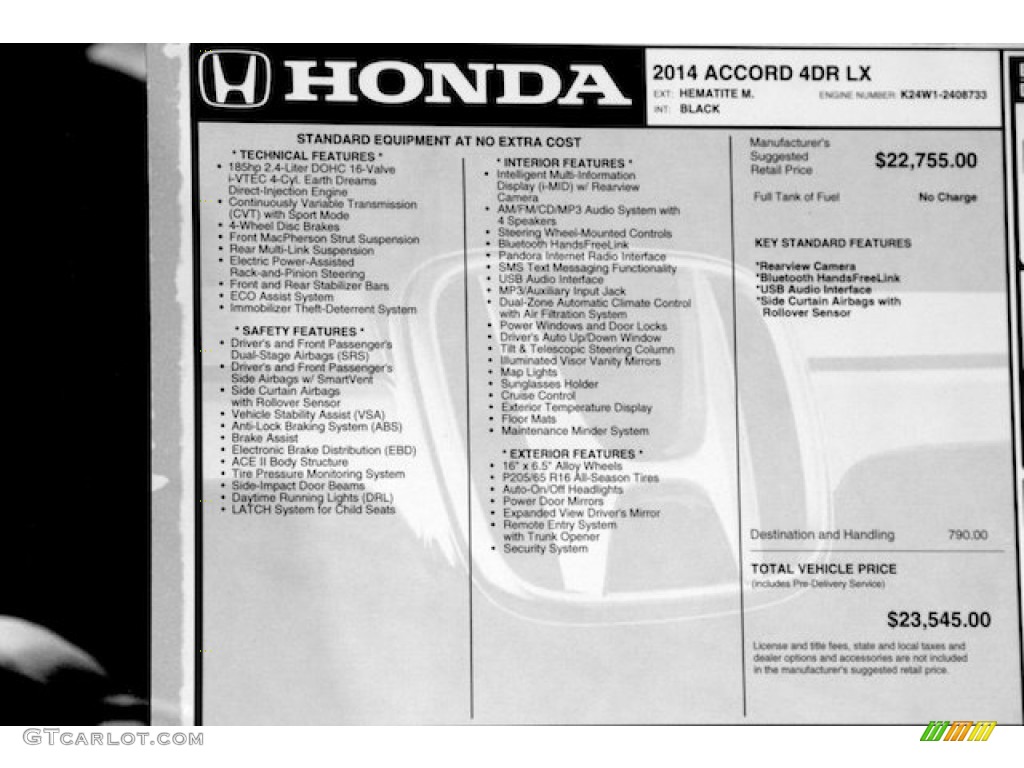 2014 Accord LX Sedan - Hematite Metallic / Black photo #18
