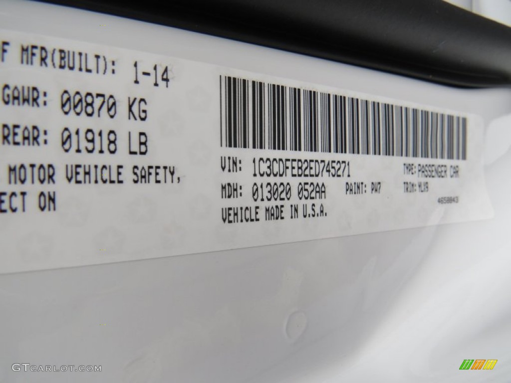 2014 Dart Color Code PW7 for Bright White Photo #91110141