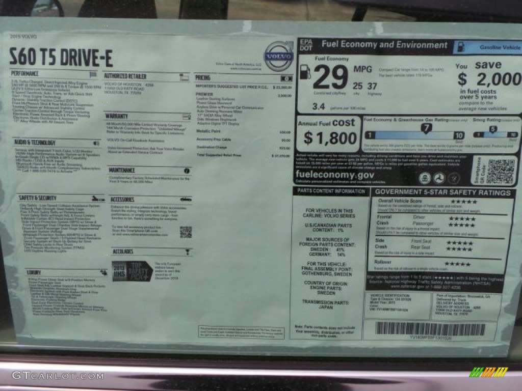 2015 Volvo S60 T5 Drive-E Window Sticker Photo #91112129