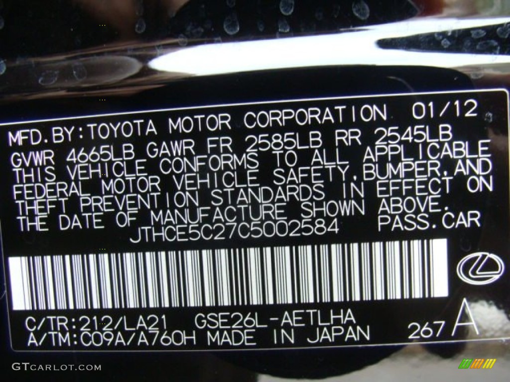 2012 Lexus IS 350 AWD Color Code Photos