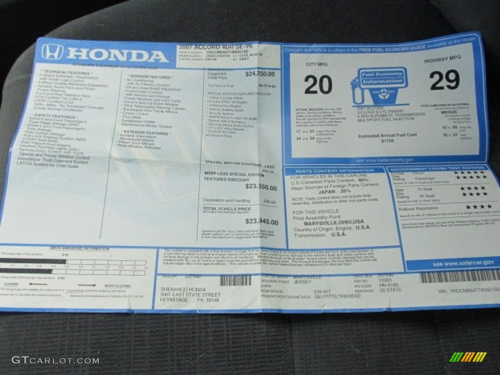 2007 Honda Accord SE V6 Sedan Window Sticker Photos