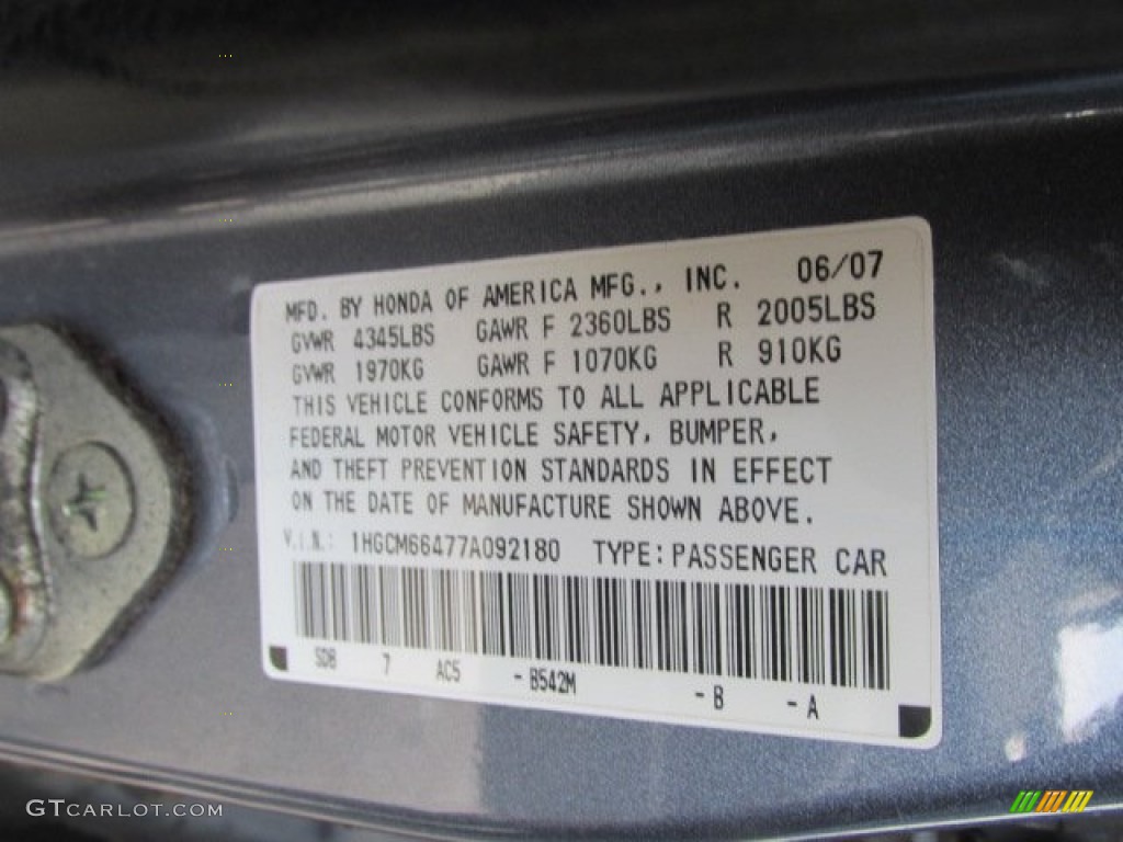 2007 Honda Accord SE V6 Sedan Color Code Photos