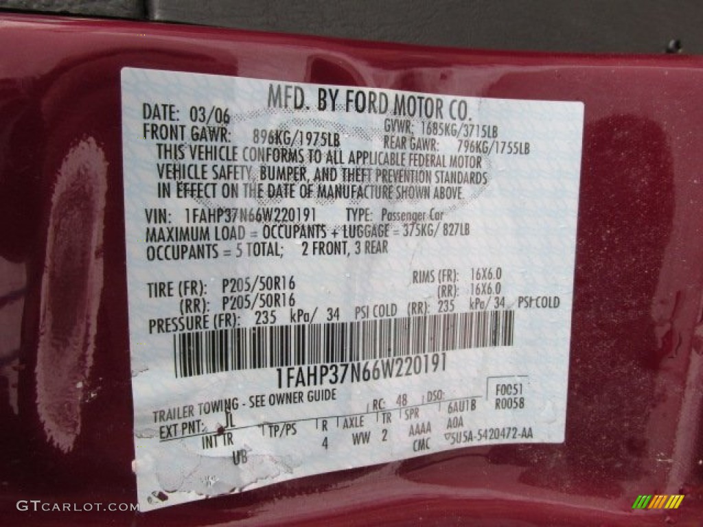 2006 Ford Focus ZX5 SES Hatchback Color Code Photos