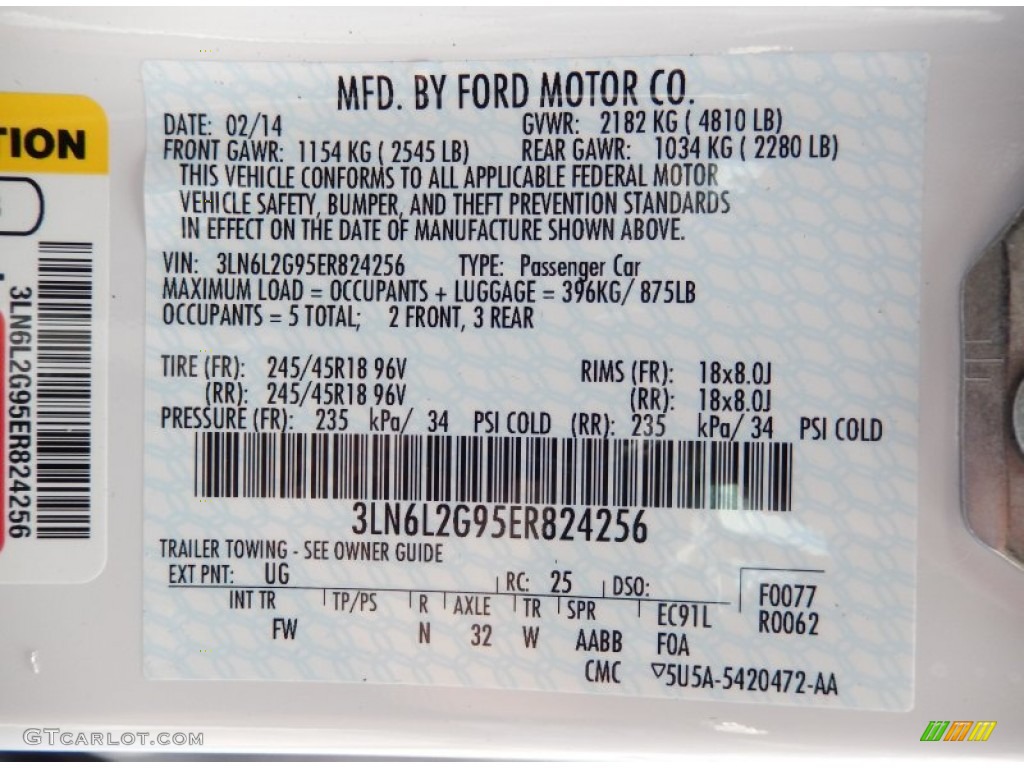 2014 MKZ Color Code UG for White Platinum Photo #91161509