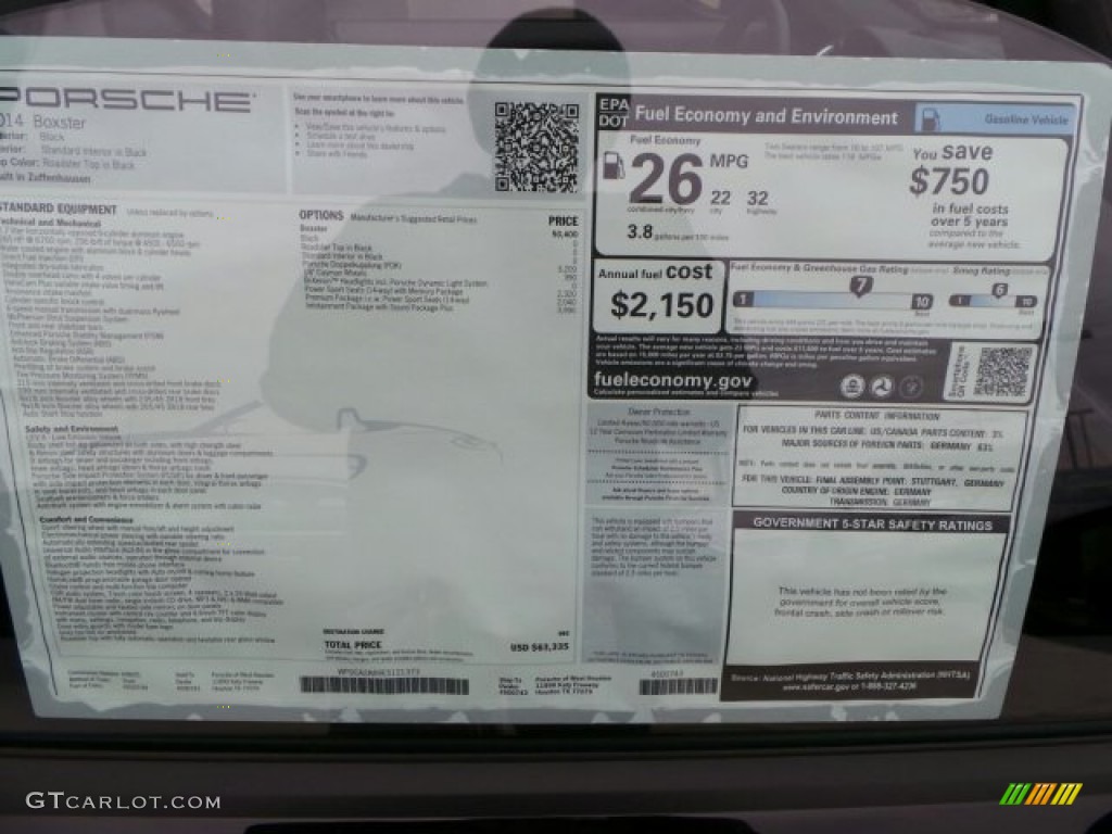 2014 Porsche Boxster Standard Boxster Model Window Sticker Photo #91210691