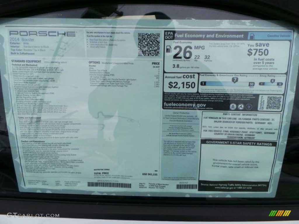 2014 Porsche Boxster Standard Boxster Model Window Sticker Photo #91210855