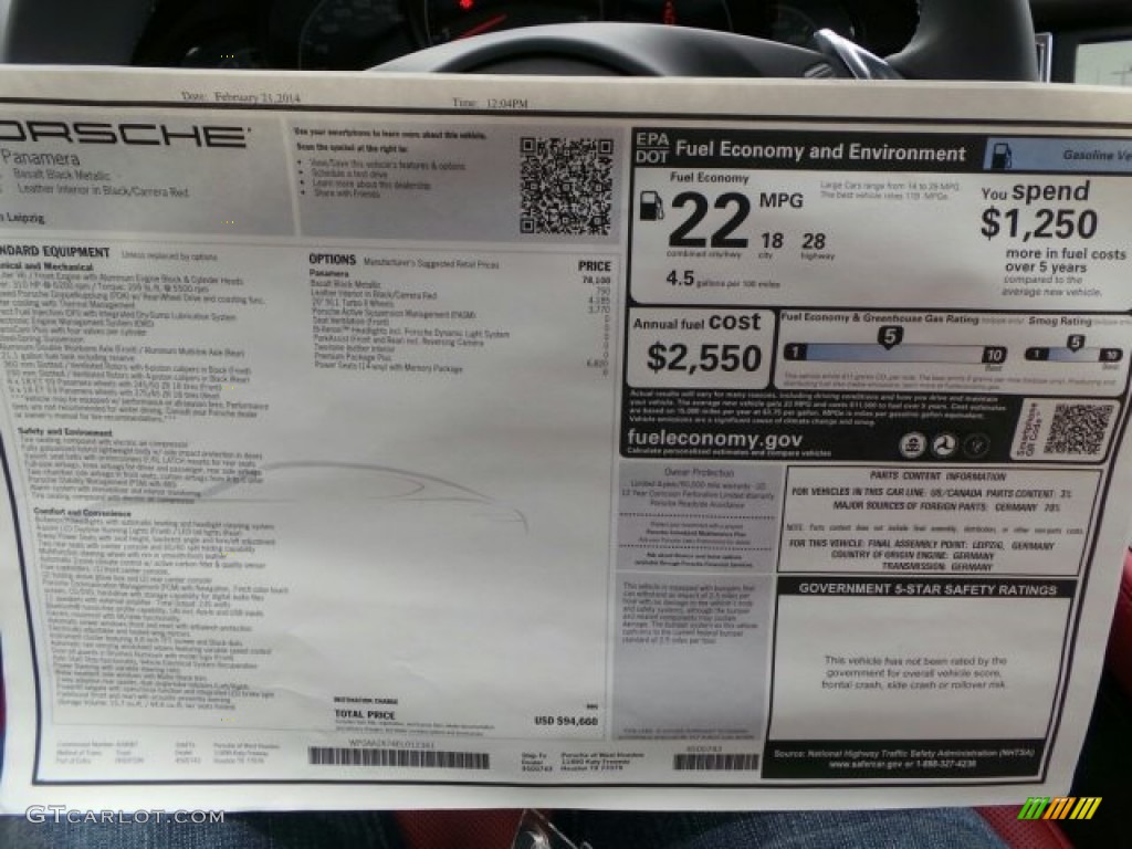 2014 Porsche Panamera Standard Panamera Model Window Sticker Photo #91211988