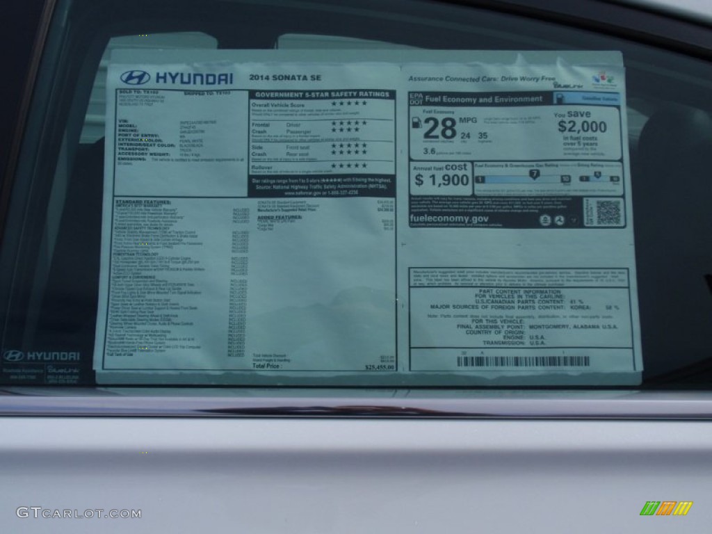 2014 Sonata SE - Pearl White / Black photo #34