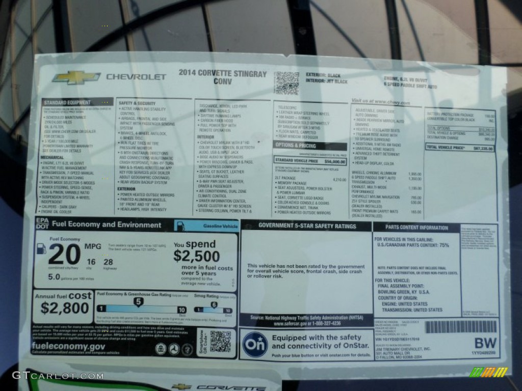 2014 Chevrolet Corvette Stingray Convertible Window Sticker Photo #91287686