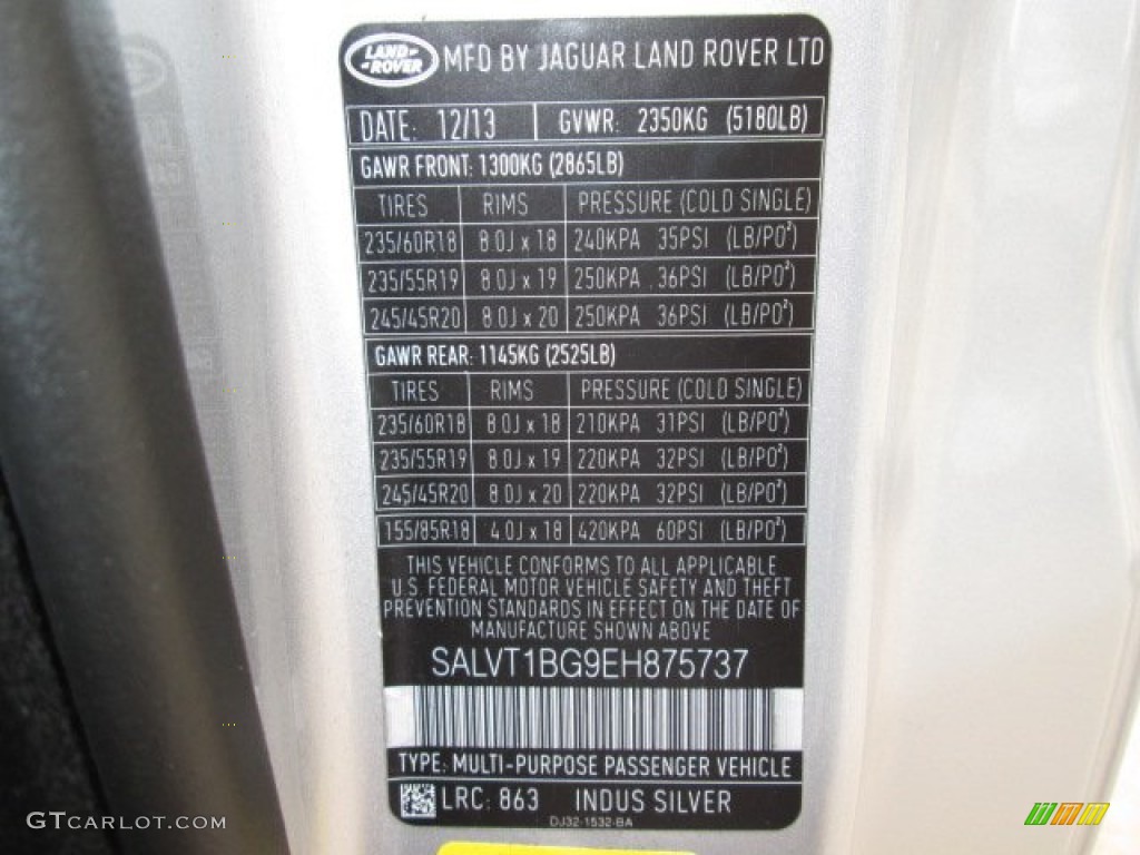 2014 Range Rover Evoque Color Code 863 for Indus Silver Metallic Photo #91312374