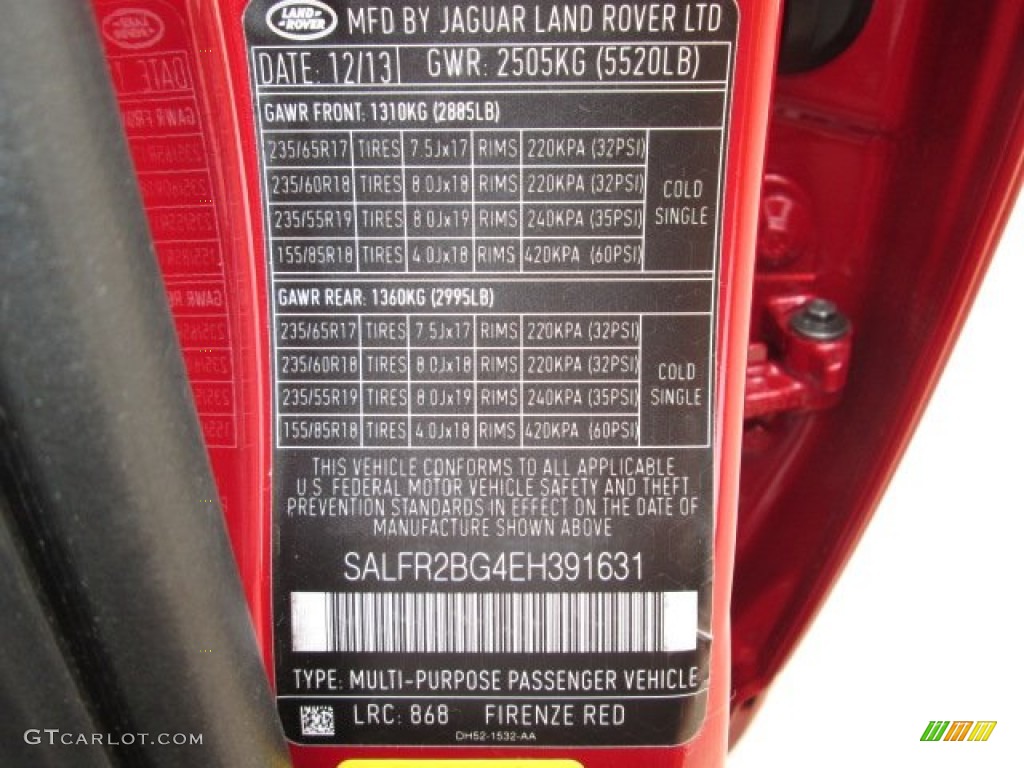 2014 LR2 Color Code 868 for Firenze Red Metallic Photo #91312656