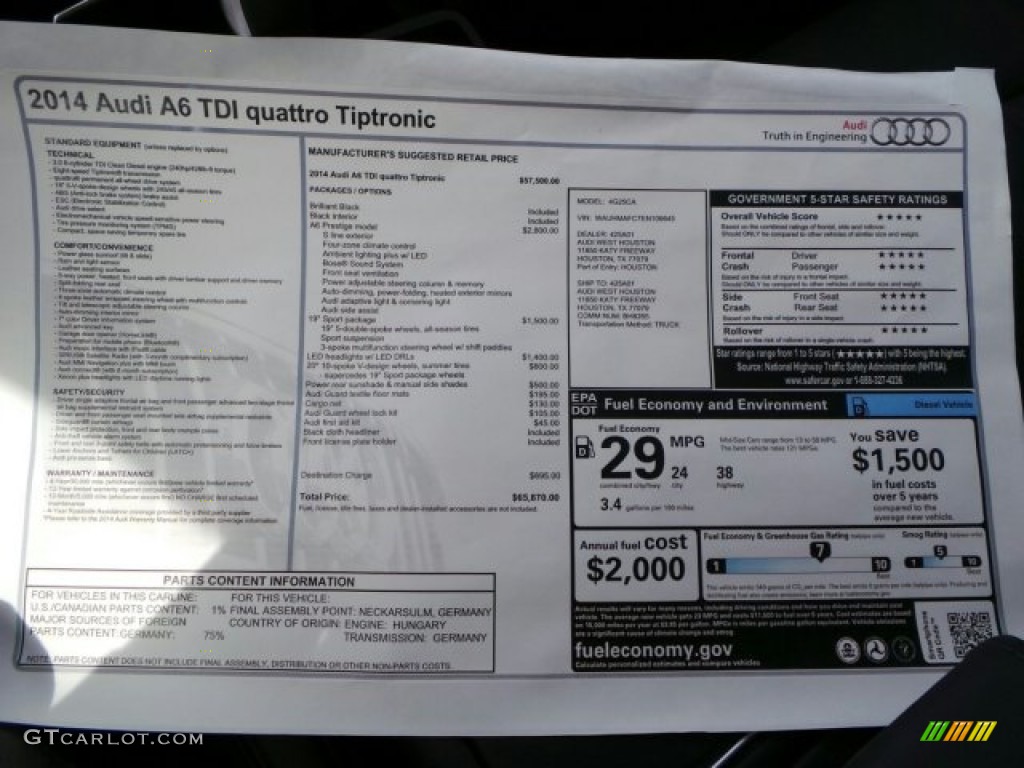 2014 Audi A6 3.0 TDI quattro Sedan Window Sticker Photo #91337868