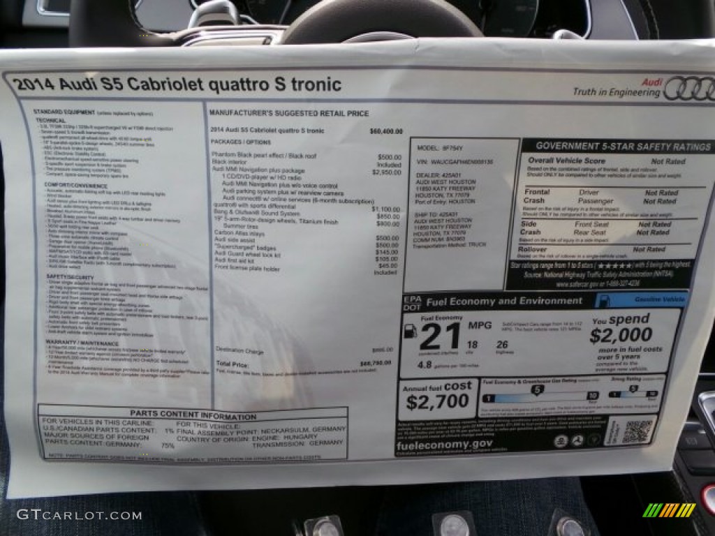 2014 Audi S5 3.0T Premium Plus quattro Cabriolet Window Sticker Photo #91339707