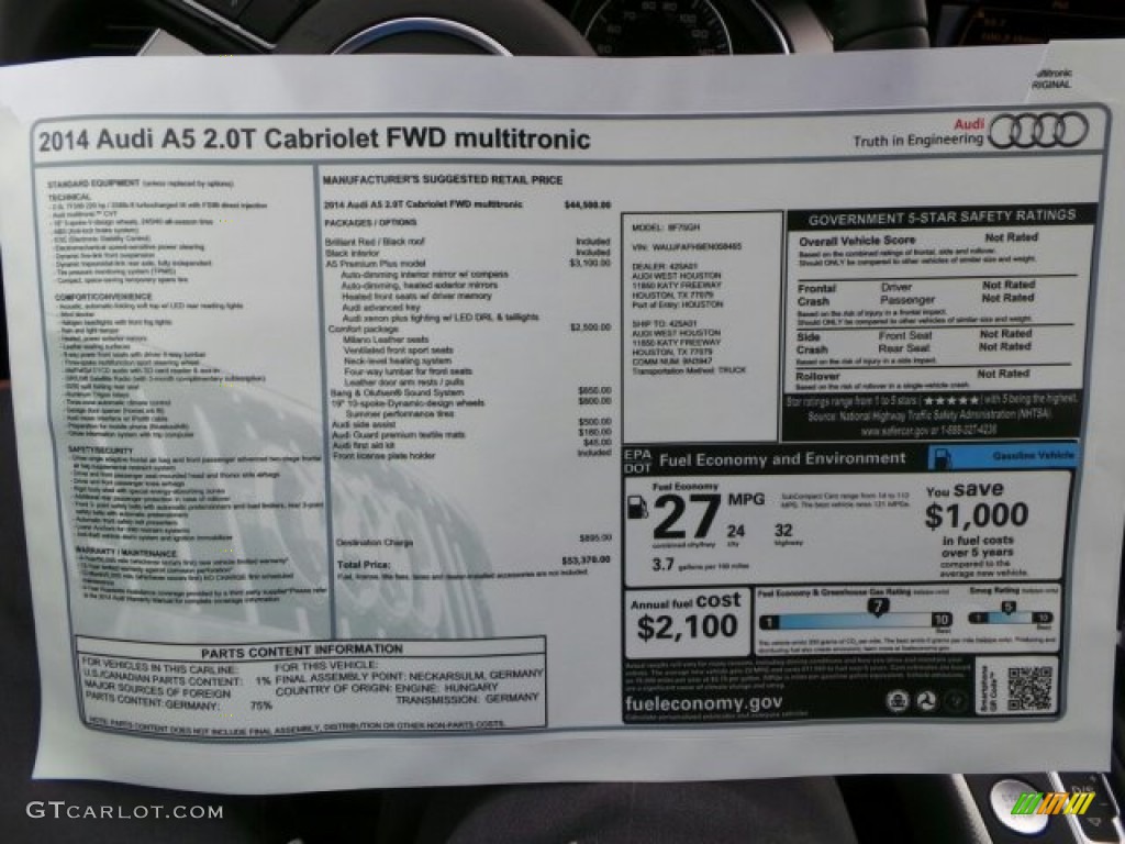 2014 Audi A5 2.0T Cabriolet Window Sticker Photo #91375288