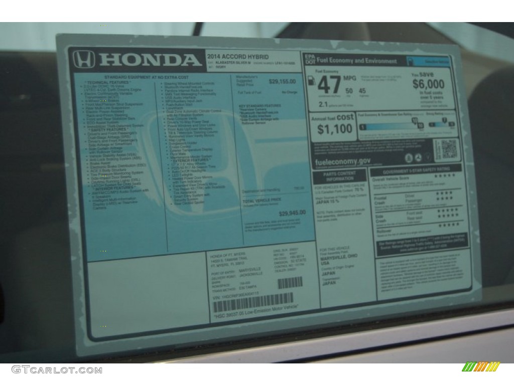2014 Honda Accord Hybrid Sedan Window Sticker Photo #91386351