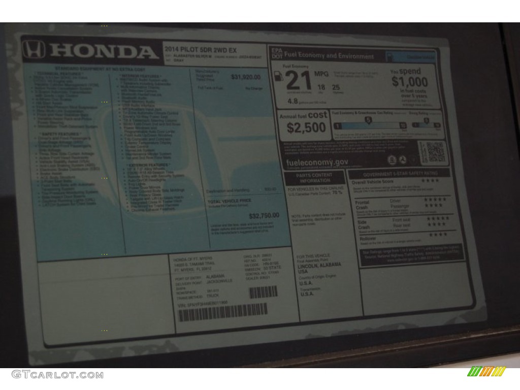2014 Honda Pilot EX Window Sticker Photo #91416146